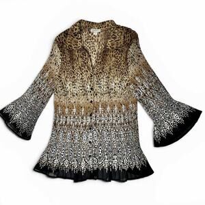 Vintage Dressbarn Blouse 3X Plus Bell Sleeve Sheer Pleated Leopard Metallic Gold